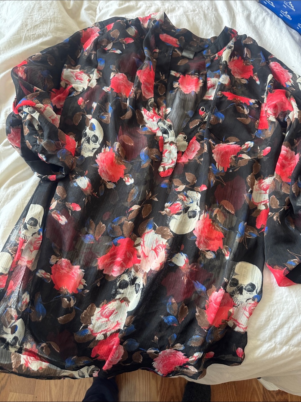 Women’s Sheer Black Tunic with Red Floral & Skull Print